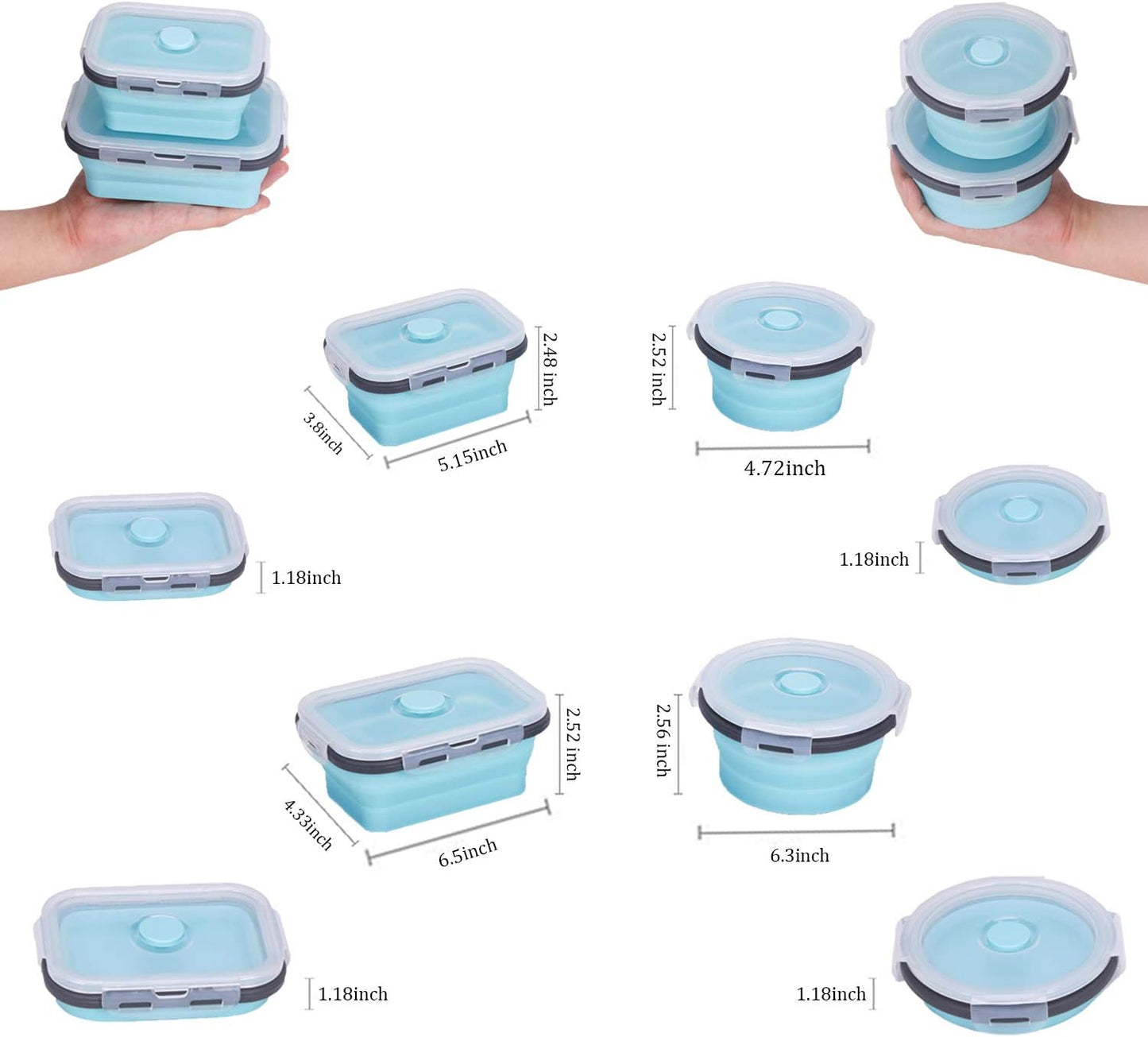 KUON Collapsible Silicone Food Storage Containers, Set of 4 with Airtight Lids, Microwave and Freezer Safe
