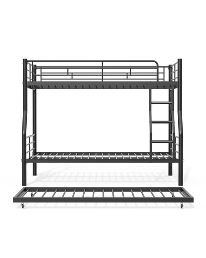 Mixcous Full XL Over Queen Bunk Bed with Trundle, Heavy-Duty Metal Bunk Bed w/Full-Length Guardrail & EVA Padded Ladder, Convertible to 3 Separate Beds for Adults, Teens, Noise-Free, Black