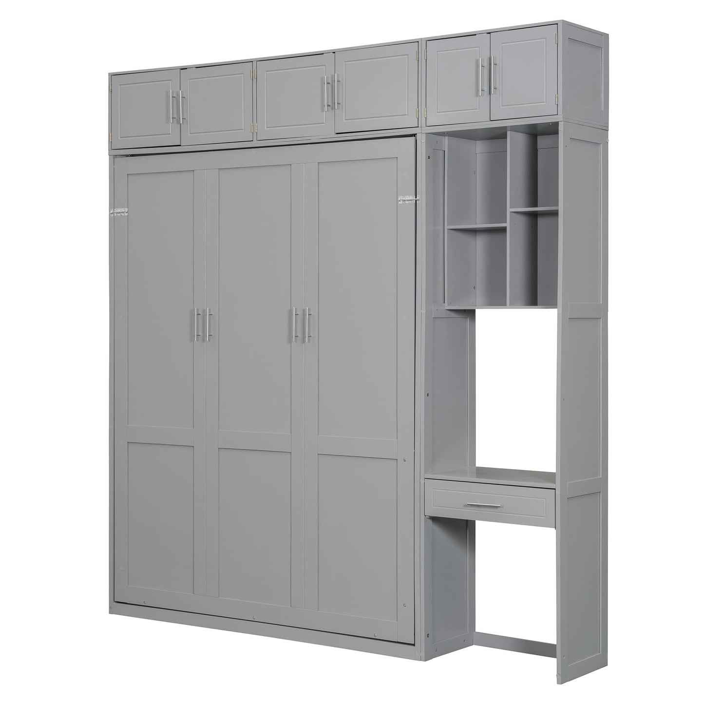 Merax Queen Size Wall Murphy Bed with Desk, Top Cabinet and Storage Shelves, Space Saving Foldable Bed, Wooden Bed Frame