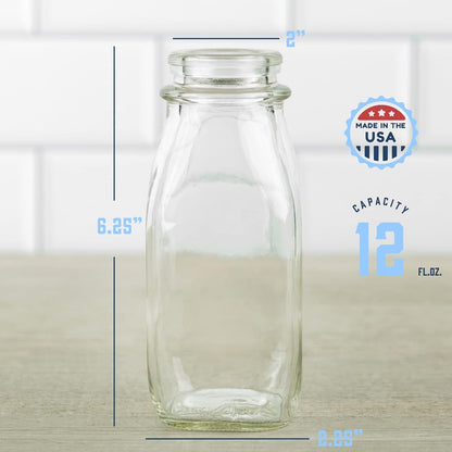 12 Oz 12 kitchentoolz Glass Creamer Bottle Square Glass Milk Bottle with Lids- Glass Bottles with Lids - Milk Container