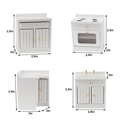 Miniature Furniture Dollhouse Kitchen Cabinets Set 1:12 Scale Wooden Model Freely Combined 4PCS Mini House Accessories Furnishings Kit Decoration Gift (White)