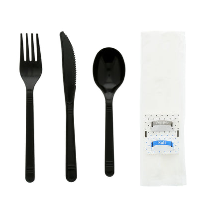 AmerCareRoyal 6-in-1 Disposable Silverware Medium Heavy Weight Plastic Utensil Set with Teaspoon, Fork, Knife, Salt & Pepper, 12x13 Napkin - Individually Wrapped Cutlery Meal Kit, Black, Case of 250