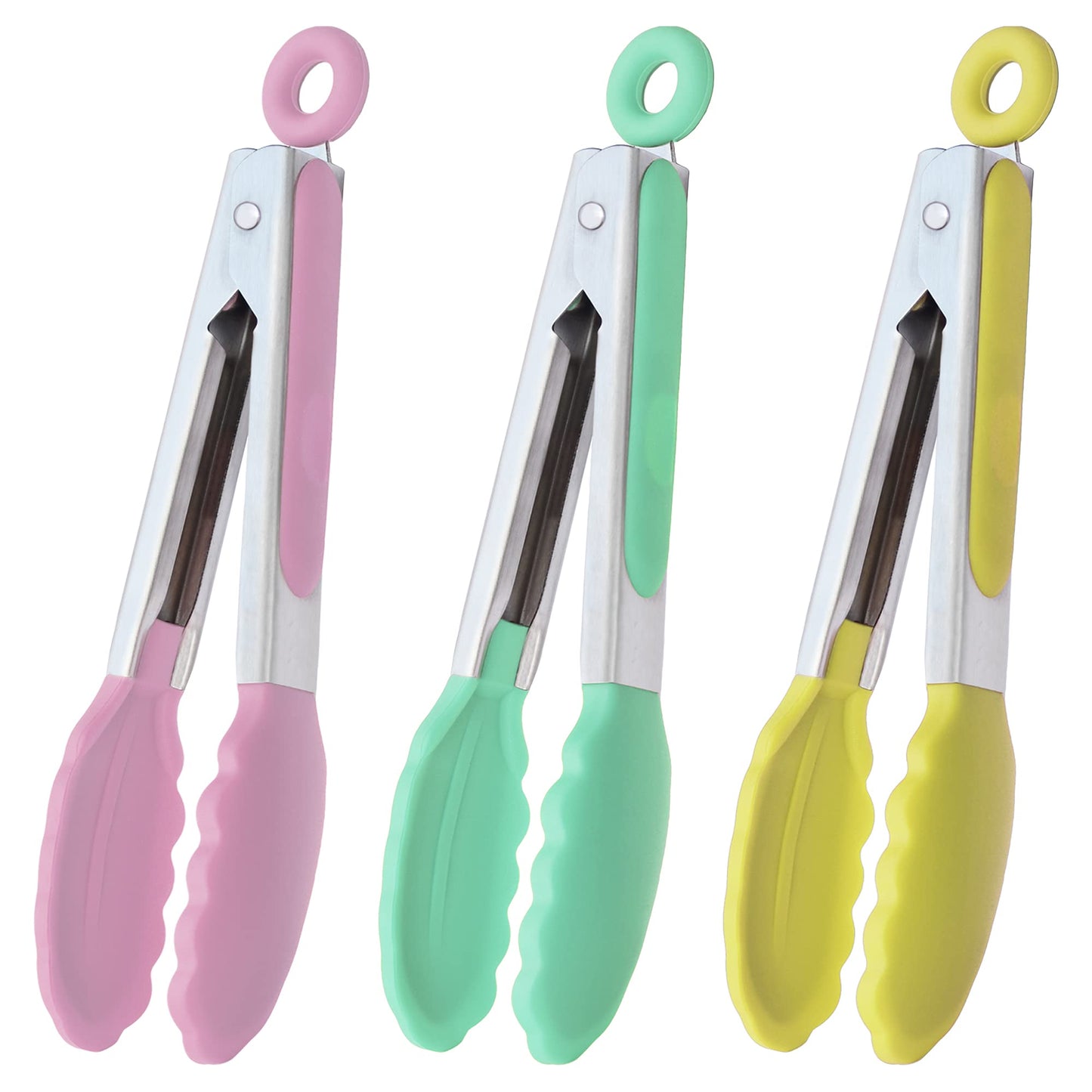 Small Silicone Tongs 7-Inch Mini Serving Tongs, Set of 3 (Black Gray White)