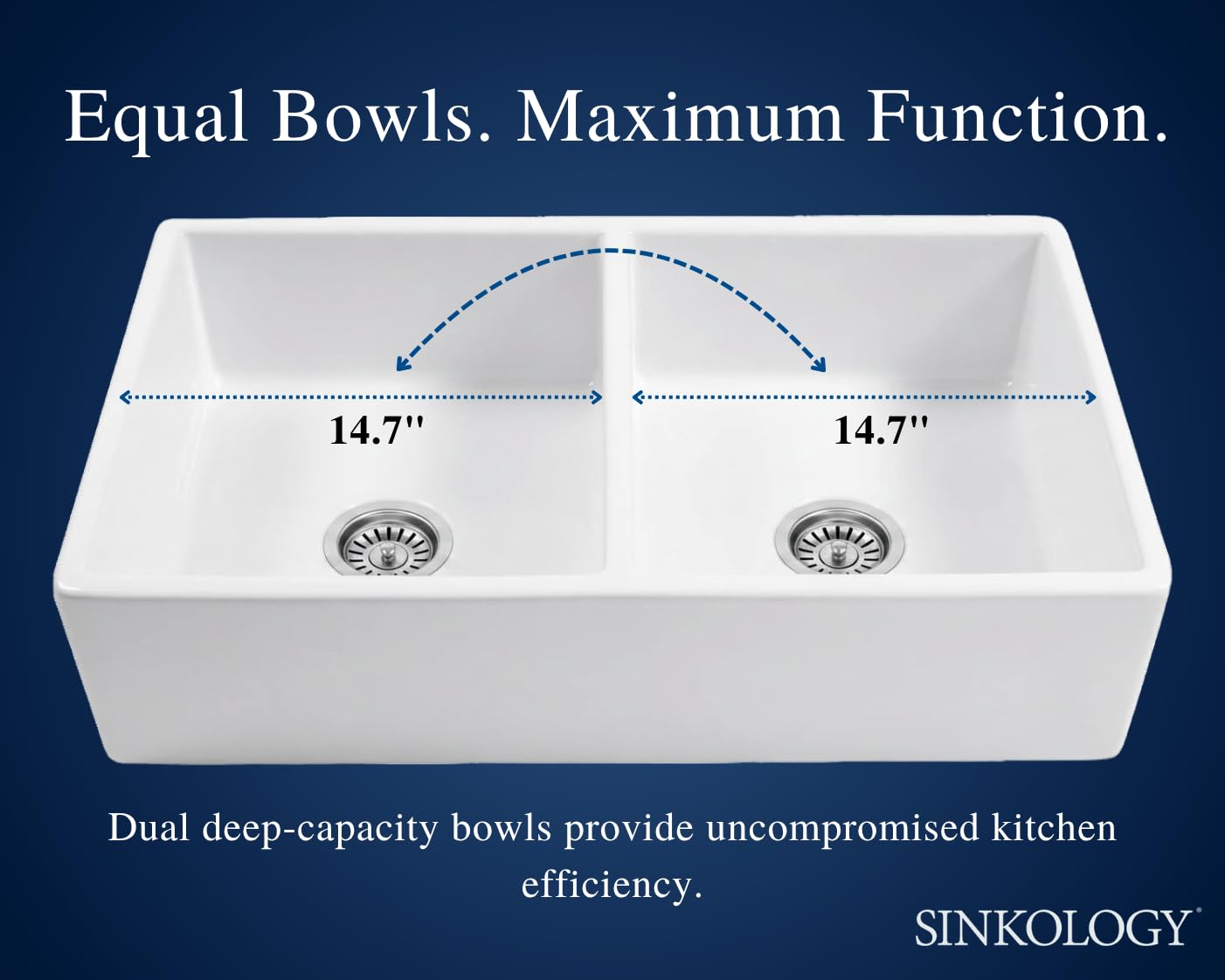 Sinkology Turner 33 Inch Fireclay Farmhouse Apron Front Double Bowl Kitchen Sink - White, Handcrafted with SureFire Chip-Resistant Glaze, Sinkology Everyday Warranty, 33 x 18 in, Fits 36" Cabinet