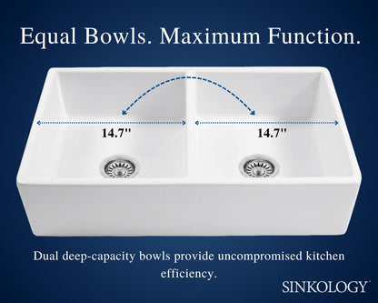 Sinkology Turner 33 Inch Fireclay Farmhouse Apron Front Double Bowl Kitchen Sink - White, Handcrafted with SureFire Chip-Resistant Glaze, Sinkology Everyday Warranty, 33 x 18 in, Fits 36" Cabinet