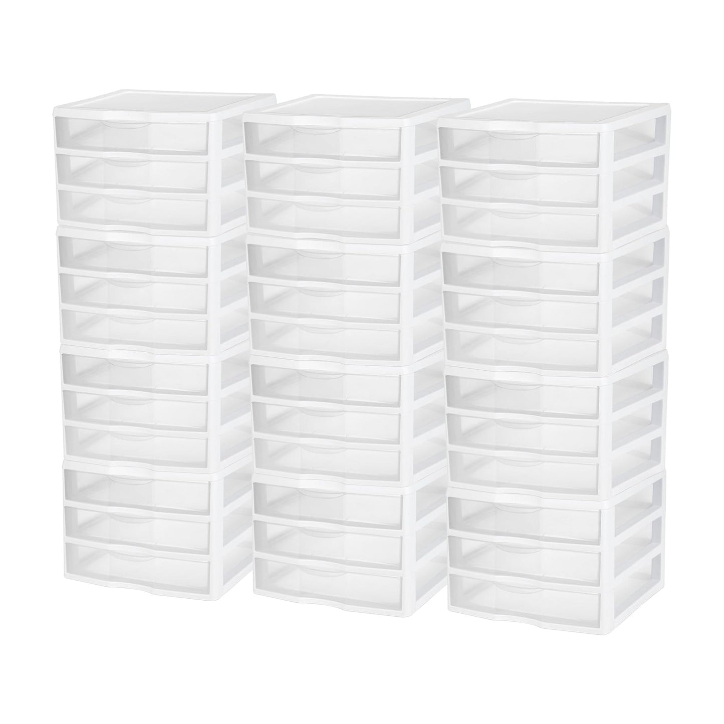 Sterilite 12-Pack Wide 3 Drawer Unit, Plastic Desktop Organizer with Clear Drawers, White Frame - Stackable Multi-Purpose Storage for Office Supplies, Craft Rooms, Classrooms and Home Organization