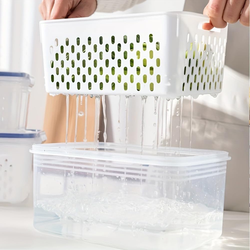 Trasylph 2 Pack Fruit Storage Containers for Fridge with Removable Colanders, Dishwasher & Microwave safe Produce Storage Containers with Lids Keep Fruits, Vegetables, Berry, Meat Fresh longer