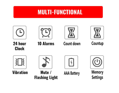Digital Multifunction Timer with Clock, 10 Preset Alarms, Countup & Countdown, Memory Settings, White