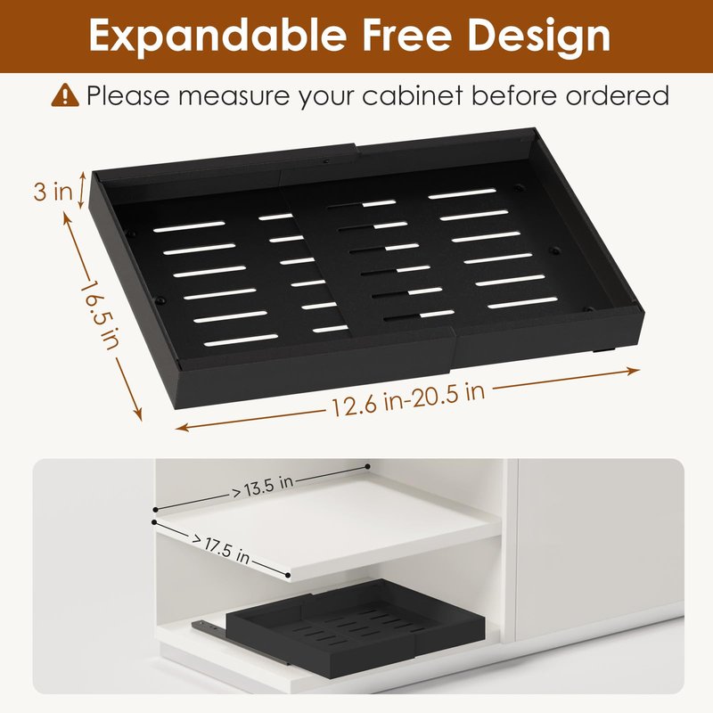 Landmok 2 Pack Expandable Pull Out Cabinet Organizer 16.5" Deep, Adjustable Width 12.6"-20.5", No Drill Adhesive with Triple Track Rails, Heavy Duty Slide Out Drawers for Kitchen,Pantry,Cabinets,Black
