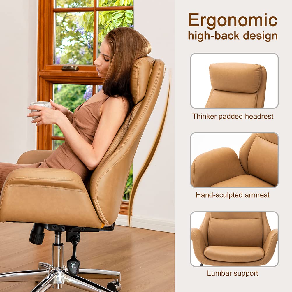 Glitzhome Modern Executive Office Chair, High Back PU Leather Ergonomic Computer Desk Chair, Adjustable Height Swivel Office Task Chair with Lumbar Back Support (Camel)
