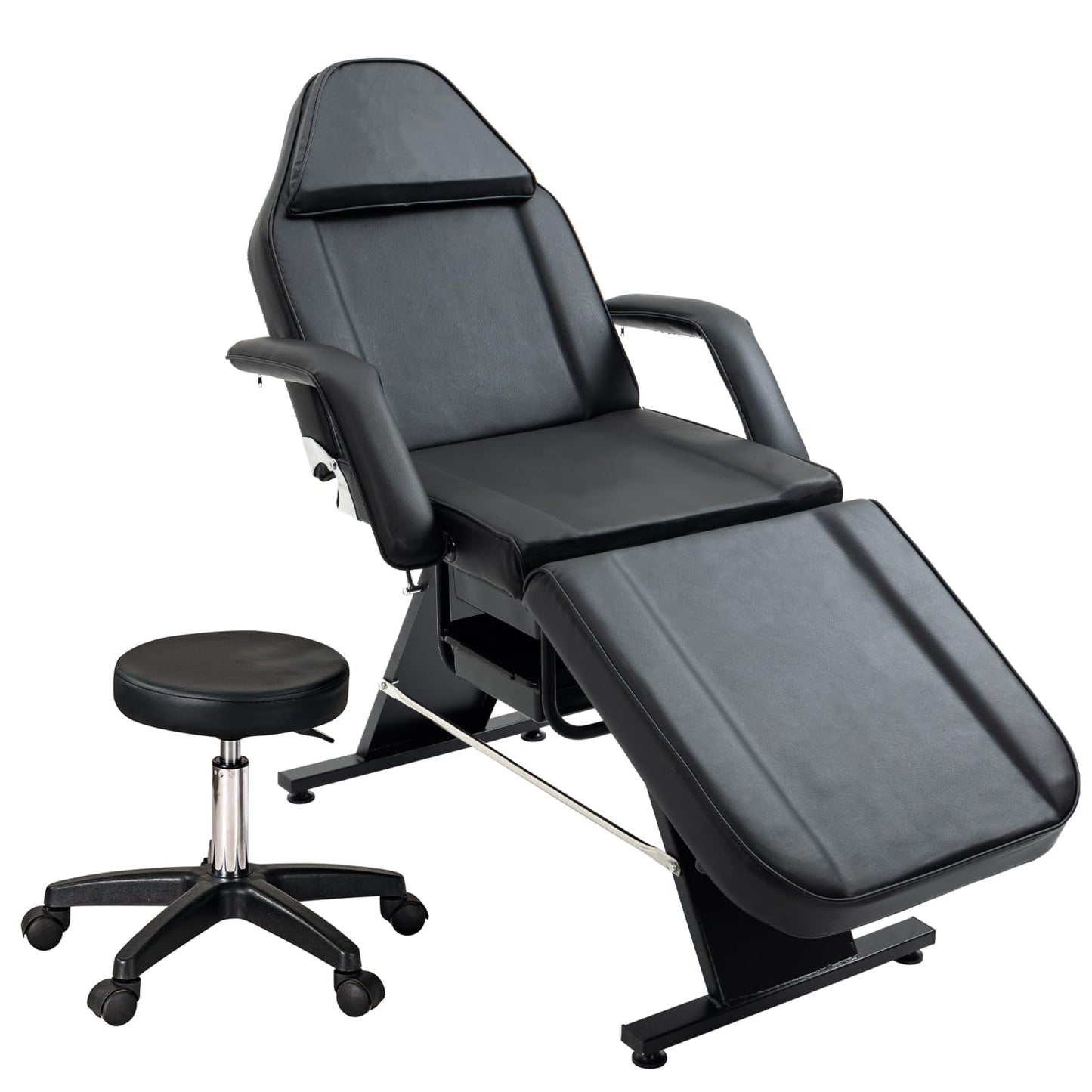 Geelife Massage Salon Tattoo Chair with Hydraulic Stool, Multi-Purpose 3-Section Facial Bed Table, Adjustable Beauty Barber Spa Equipment, Black