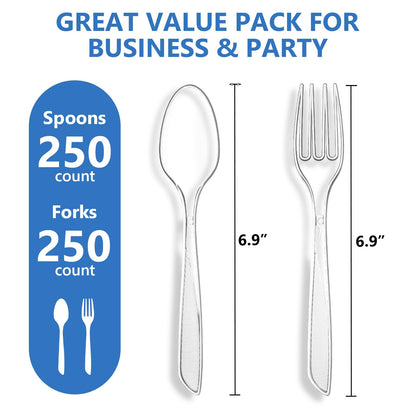 SACATR 500 Count Plastic Silverware Heavy Duty -250 Forks, 250 Spoons，BPA-Free,Heat Resistant Disposable Plastic Spoons Bulk, Solid Durable Premium Cutlery for Parties, Events and Everyday Use