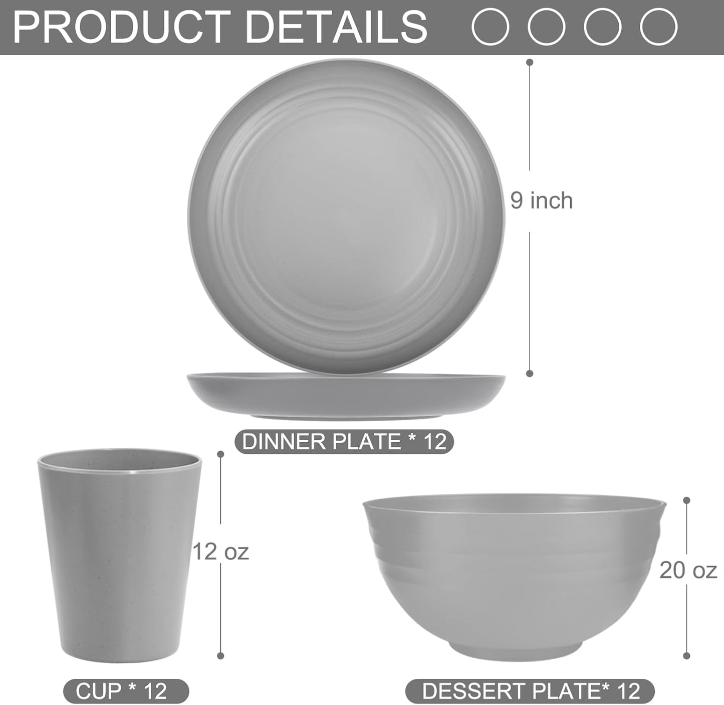 LIYH 36pcs Grey Wheat Straw Dinnerware Set - Reusable Plastic Plates and Bowls, Dishwasher Safe