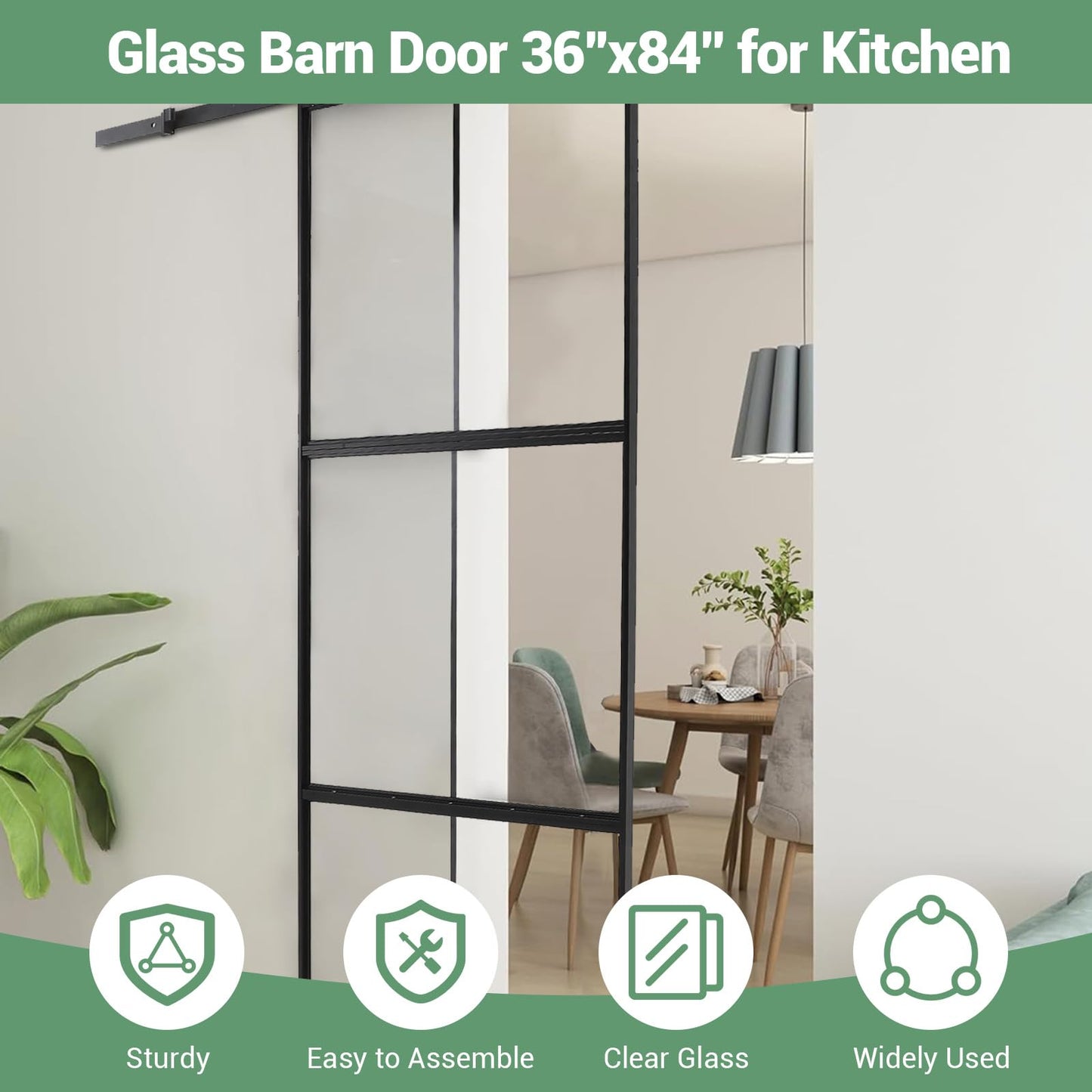 36 x 84" Glass Barn Door with 3-Panel Frosted Tempered Glass, 6 ft Top Mount Sliding Door Kit with Soft Close Mechanism,Black Carbon Steel Tempered Glass Sliding Door,Easy Assembly, Hardware Included