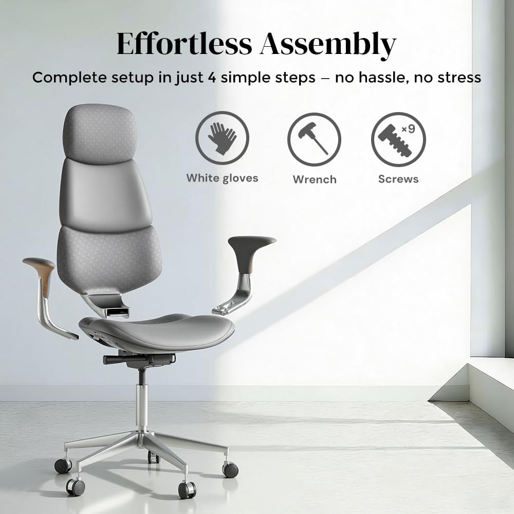 OMIDI Nyla Executive Office Chair - Genuine Leather Ergonomic High-Back Desk Chair with Adjustable Lumbar Support, Tilt Lock, Executive, Home Office, Gray, Litchi Grain