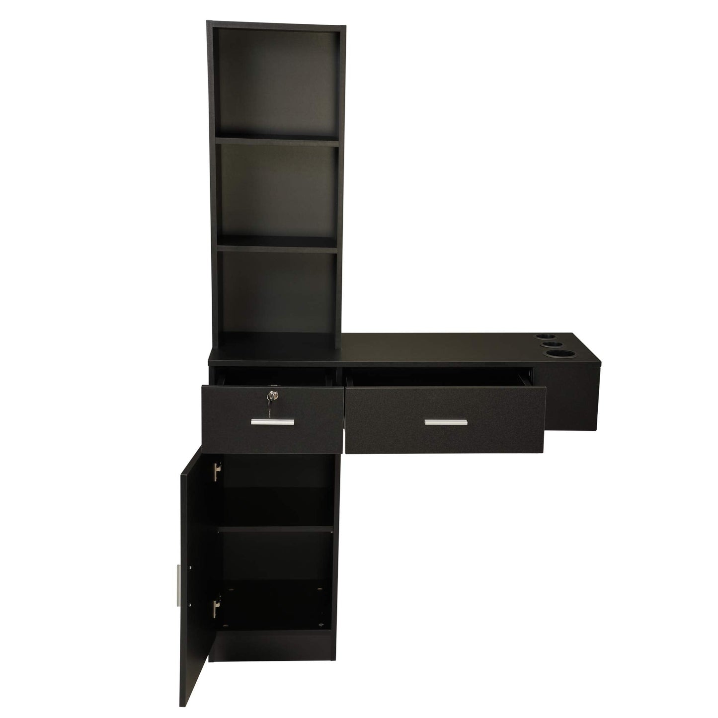 Wall Mount Hair Styling Barber Station Beauty Hair Salon Spa Equipment Set W, 3 Tier Shelf, Lockable Drawer, Black