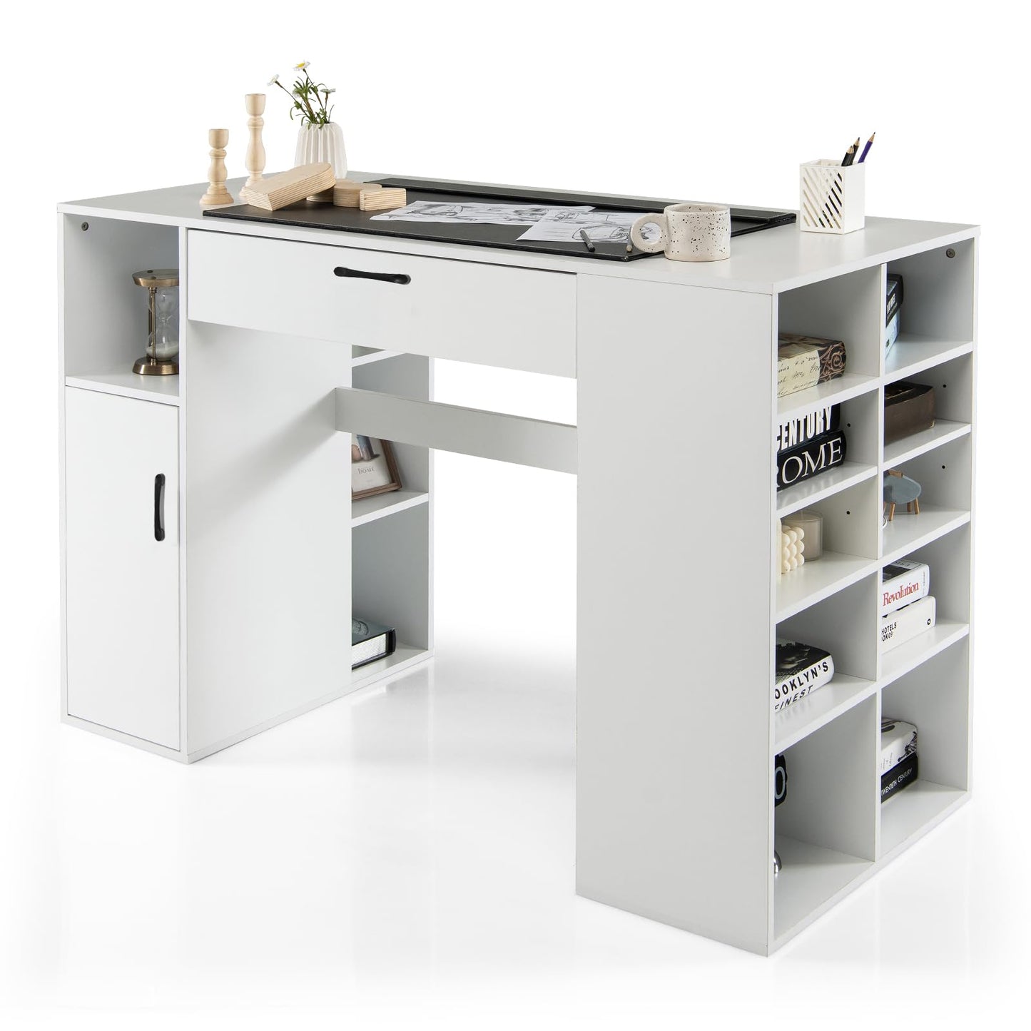 Giantex Craft Table with Storage, Artwork Sewing Table 14 Large & Small Storage Compartments, 1 Sliding Drawer, 1 Cabinet with 2 Shelves, 36'' Counter Height Drafting Writing Sewing Station Desk
