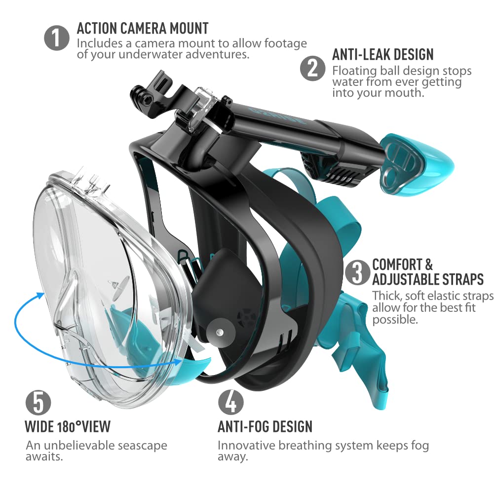 G2RISE Full Face Snorkel Mask Adults Snorkeling Set Gear for Kids with Detachable Camera Mount, Safe Breathing, Anti Fog Anti Leak