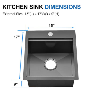 Scamall 15x17x9 Drop In Kitchen Sink Workstation, Nano Black 304 Stainless Steel Deep Single Bowl with Quick Drainage & Tarnish-Free Surface for Bar, Laundry, RV, Includes Accessories