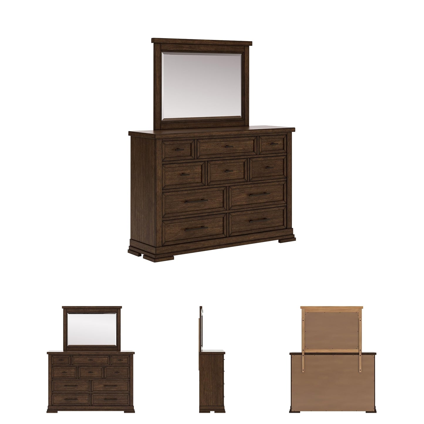Signature Design by Ashley Taffenbrook Dresser with Mirror, 10-Drawer Storage Rich Brown Finish, Hardwood Solids, Mango Veneer, MDF Substrate, Bedroom Organization Style