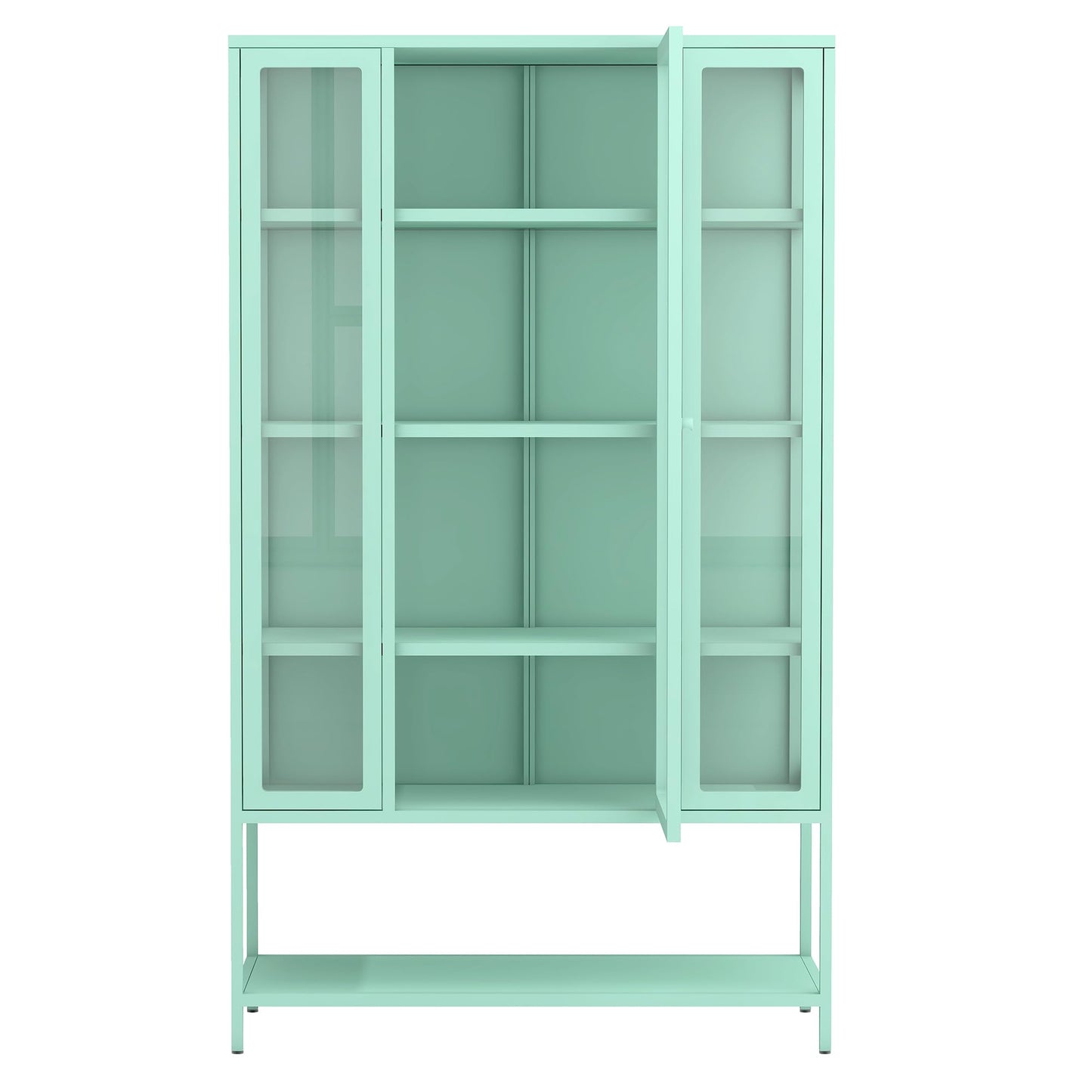 Merax 67" Tall Glass Display Cabinet with Adjustable Shelves and LED Lights, for Collectibles, Modern Steel Storage Curio Cabinet with 3-Sided Glass Display Case for Home Office Study Room, Cyan