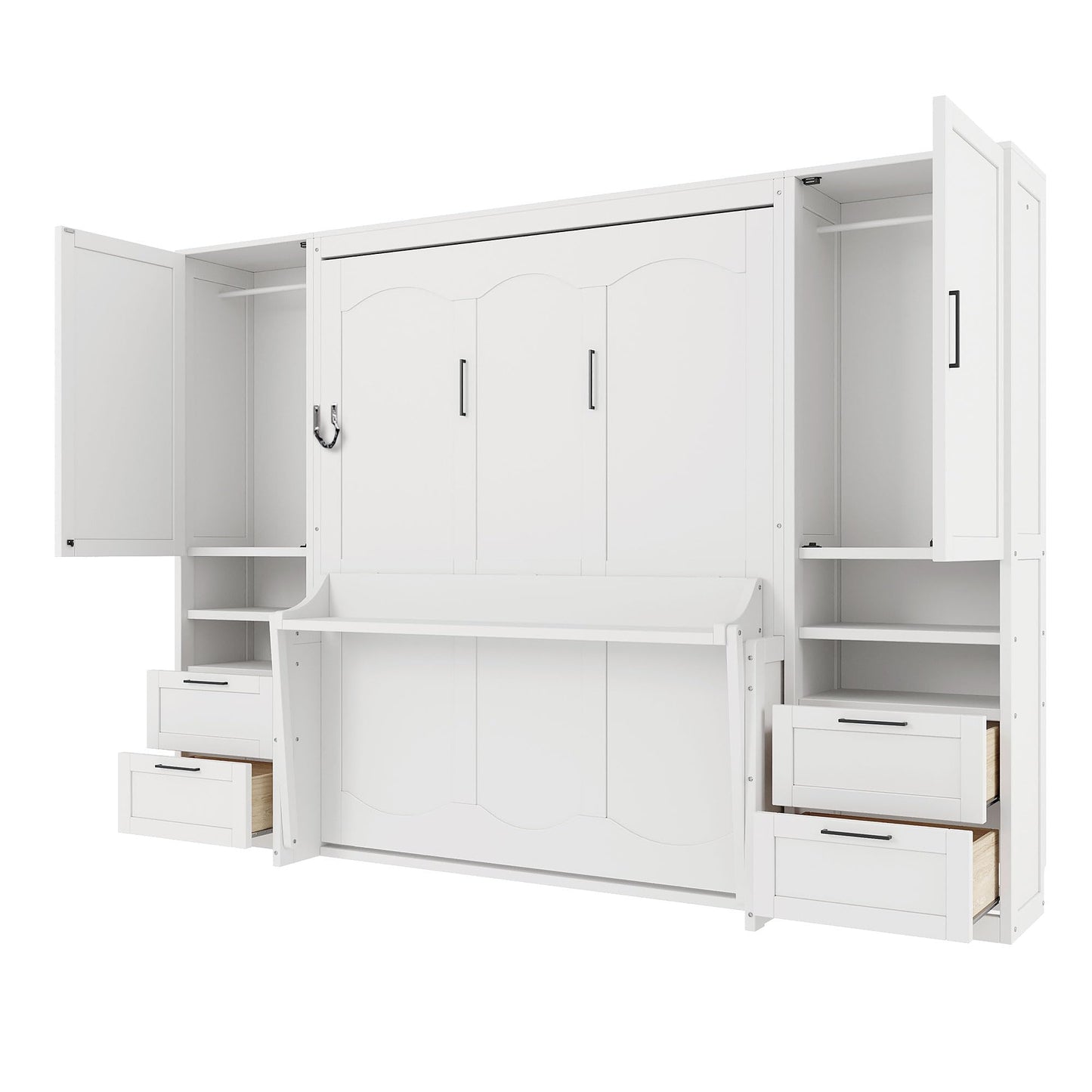 Merax Queen Size Murphy Bed with Desk, Multifunctional Foldable Wall Bed with Closet, Drawers and Shelves, Space-Saving Wood Platform Bed Frame for Small Spaces Studio Study Office Guest Room, White