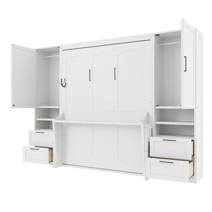 Merax Queen Size Murphy Bed with Desk, Multifunctional Foldable Wall Bed with Closet, Drawers and Shelves, Space-Saving Wood Platform Bed Frame for Small Spaces Studio Study Office Guest Room, White