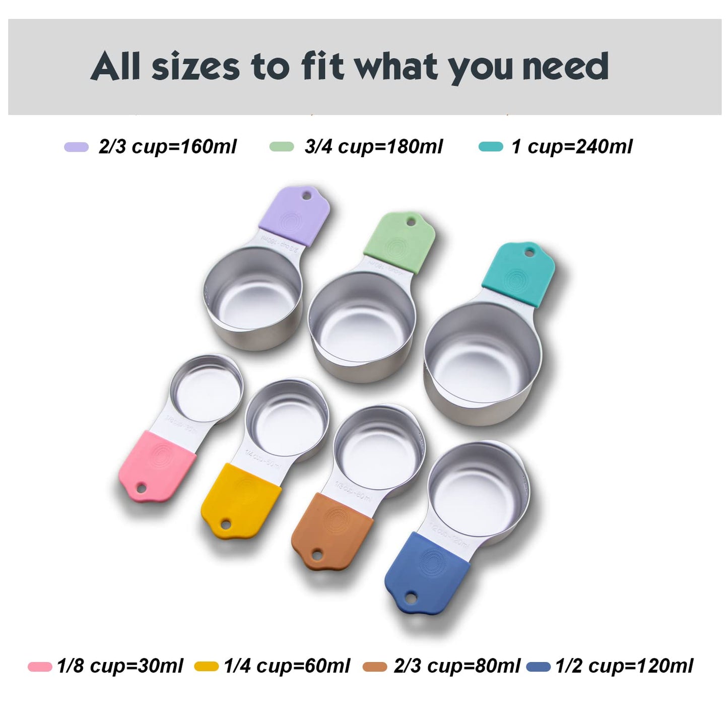 Magnetic Measuring Cups Set, 7 Pieces 18/8 Stainless Steel Stackable Nesting Heavy Duty Measuring Cups, kitchen Tools, Perfect for Dry and Liquid Ingredients, Dishwasher Safe (Muticolour, 7 set)