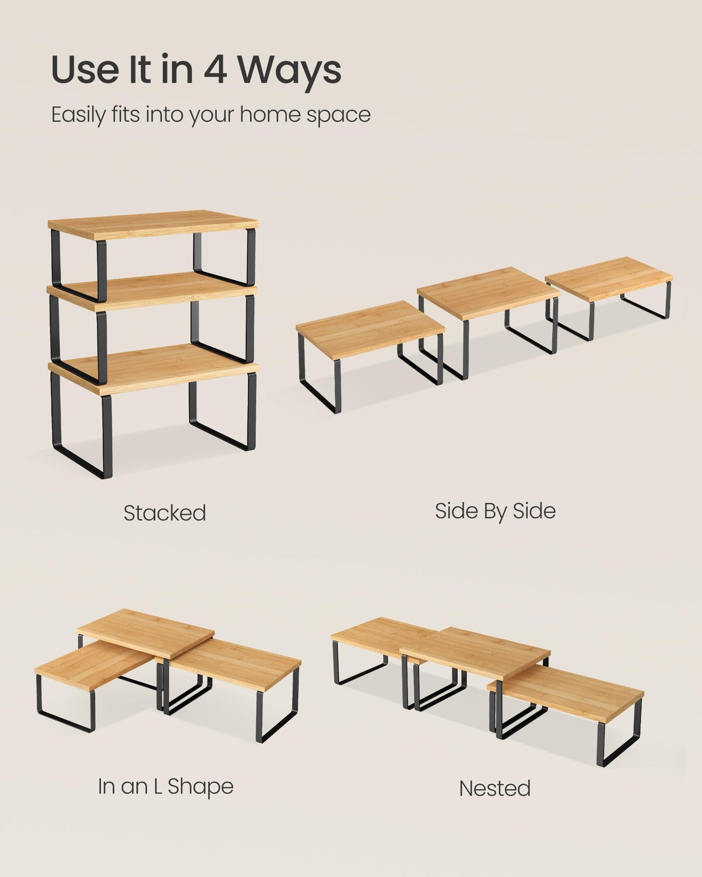 SONGMICS Cabinet Organizer Shelf, Set of 3 Kitchen Counter Shelves, Kitchen Storage, Spice Rack, Stackable, Expandable, Ink Black and Natural Beige UKCS014YL03