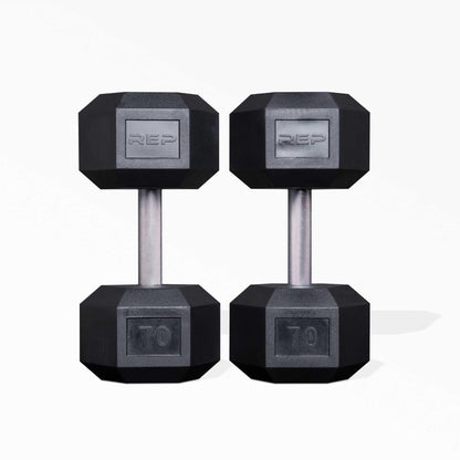 Rep Fitness 55lb-75 lb Dumbbell Set- Rubber Hex, Low Odor, Fully Knurled- Made for Heavy Lifting