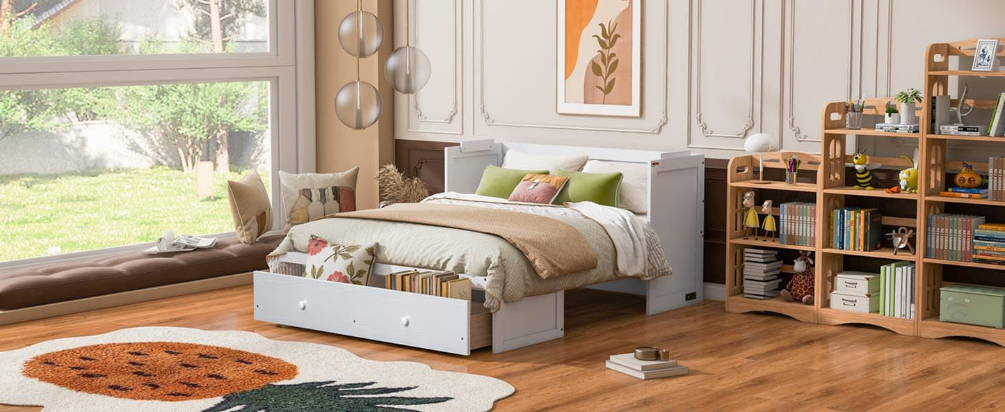 Bellemave Queen Murphy Bed Cabinet Bed, Solid Murphy Bed with Storage Drawer, Queen Size Bed with USB Ports, Chest Wall Bed with Drawer (White, Queen)
