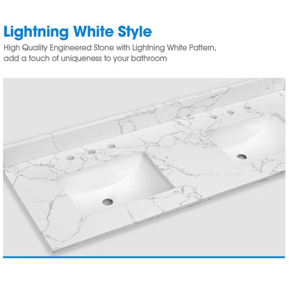 EQLOO 60 Inch Engineered Stone Bathroom Vanity Sink Top, with Undermount Rectangular Double Sinks, Vanity Countertop with 8 inch Faucet Hole Spacing and Backsplash in Lightning White