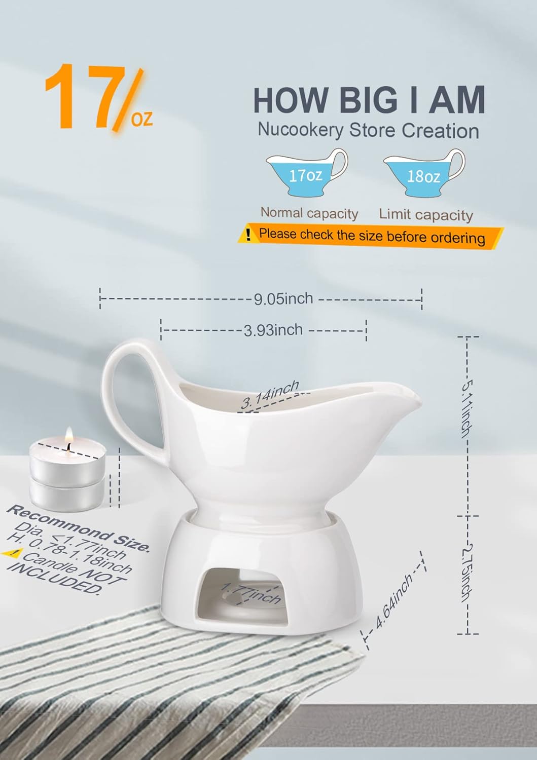 Nucookery Large Classic Gravy Boat with Warmer, 17 Oz, White Fine Porcelain, Microwave & Freezer Safe