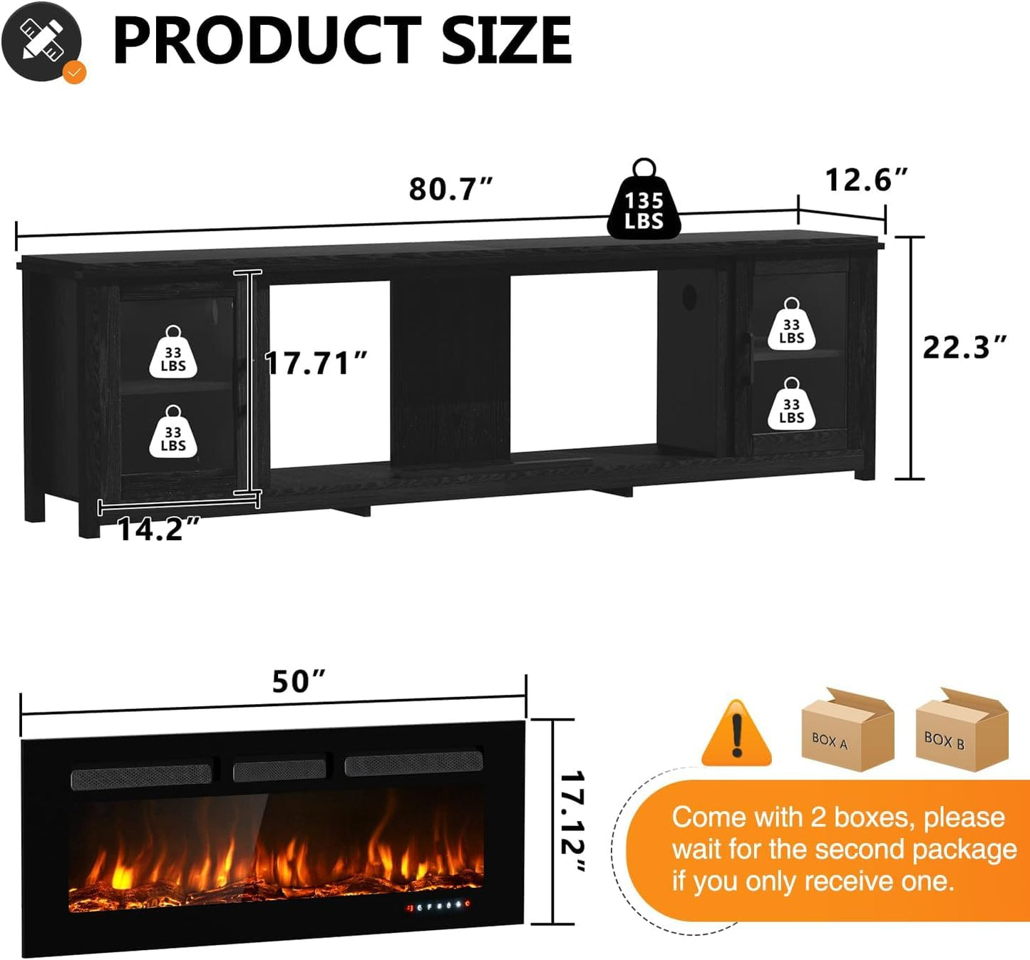 MXV 80" Fireplace TV Stand, Modern Entertainment Center with 50 Inch Smart Fireplace, Adjustable Shelf & Glass Door, Fire Place with WI-FI Enabled, TV Console for Living Room, Black