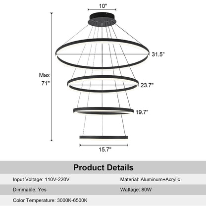 XGZL · LIGHTING 4-Rings Modern LED Chandelier Black Contemporary for Living Room, Dimmable Flush Mount High Ceiling Pendant Light with Remote Control for Staircase Dining Room(D31.5’’, 3000K-6500K)