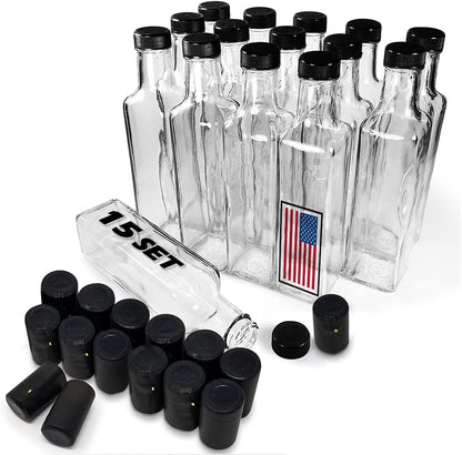 Quadra Bottles 8.5 Oz - 15 Sets of Premium Glass Square Bottles with Leak Proof Airtight Caps, Black
