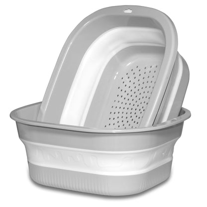 Cemome Collapsible Dish Basin with Colander, Foldable 2-in-1 Dish Pan and Strainer Set with Drain Holes, Portable Wash Basin for Kitchen Sink, Camping, Travel & RV (Grey)