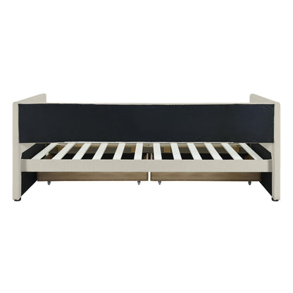 Merax Twin Size Corduroy Daybed with Two Drawers and Wood Slat,Sofa Bed Frame for Bedroom,Teens,Beige