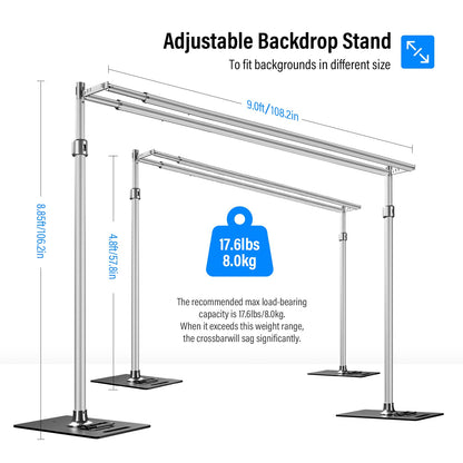 soonpho Pipe and Drape Backdrop Stand, Double Heavy Duty Backdrop Stand Adjustable Telescopic Metal Frame with Wide Flat Bases for Stability for Wedding, Photo Booth, Party & Event Decorations