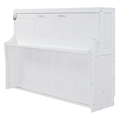 Ball & Cast Murphy Bed Full Size Hideaway Beds with Hydraulic Lift & Desk Design,Industrial Multifunction Wood Wall Cabinets Bedframe W/Hardware Chain,Space-Saving for Apartment,White