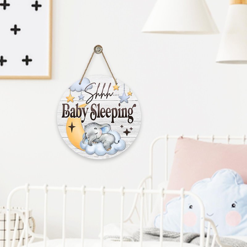 Shhh Baby Sleeping Front Door Sign, Elephant Moon Cloud Stars Wood Door Hanger Nursery Kids Bedroom Decor, Infant Toddler Baby Boy Girl Room Rustic Wooden Wreath Indoor Wall Hanging Decoration