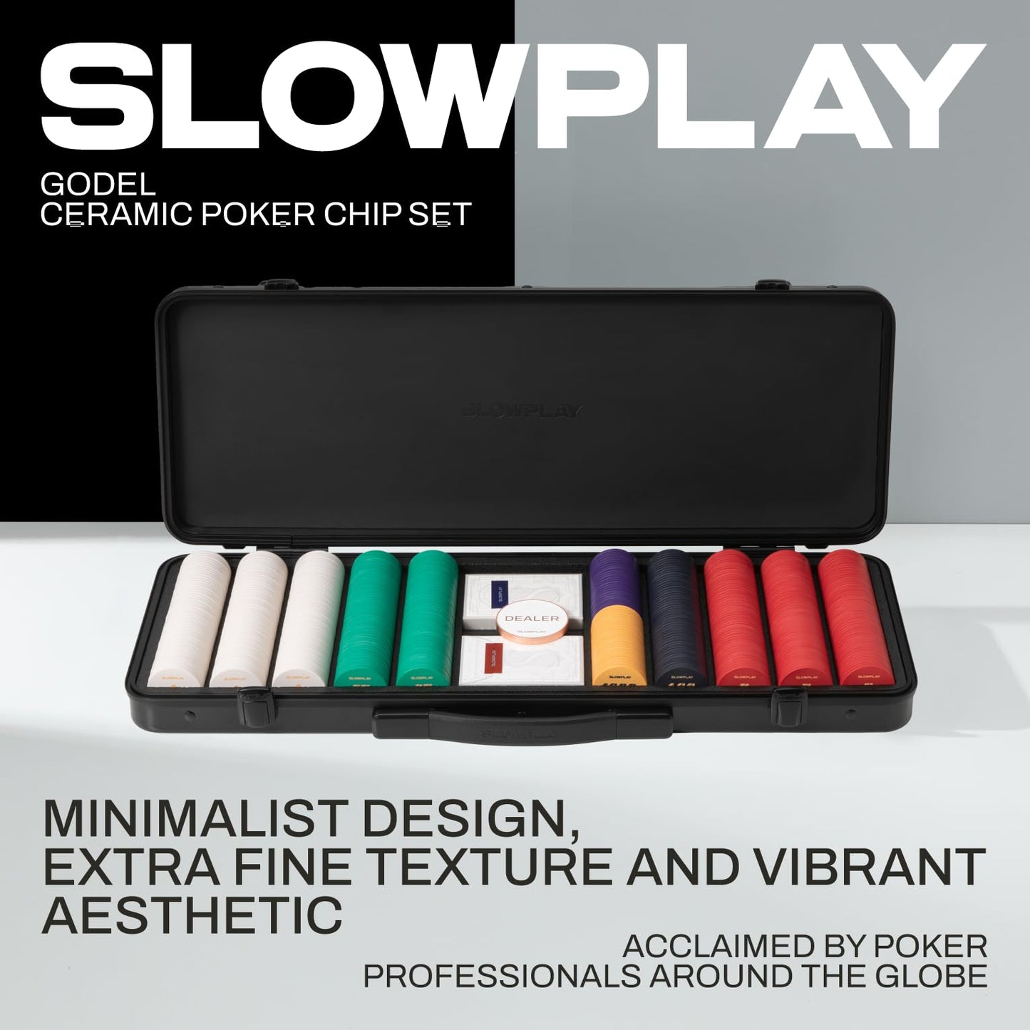 SLOWPLAY Godel Ceramic Poker Chips Set for Texas Hold'em, 500 PCS [with Numbered Values], 43mm & 12g Each | Features a High-end Chip case with Extra Durable German Polycarbonate Shell