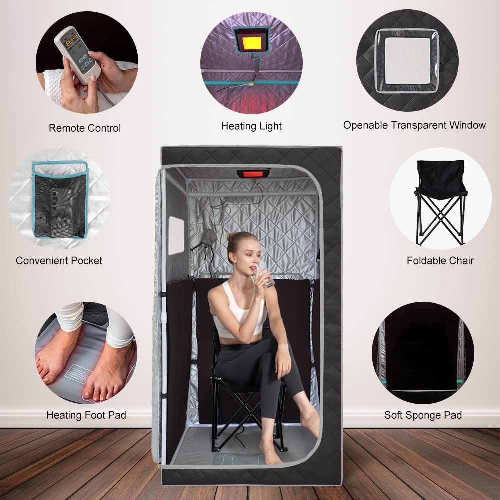 Smartmak Portable Infrared Sauna Box with 660nm Red Light Therapy Lamp for Home, Personal Indoor Full Body Dry Sauna Spa Tent, Relax Saunas with 6 Heaters, Heated Foot Pad, Remote, Chair, Greyborder