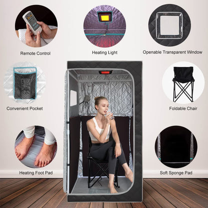 Smartmak Portable Infrared Sauna Box with 660nm Red Light Therapy Lamp for Home, Personal Indoor Full Body Dry Sauna Spa Tent, Relax Saunas with 6 Heaters, Heated Foot Pad, Remote, Chair, Greyborder