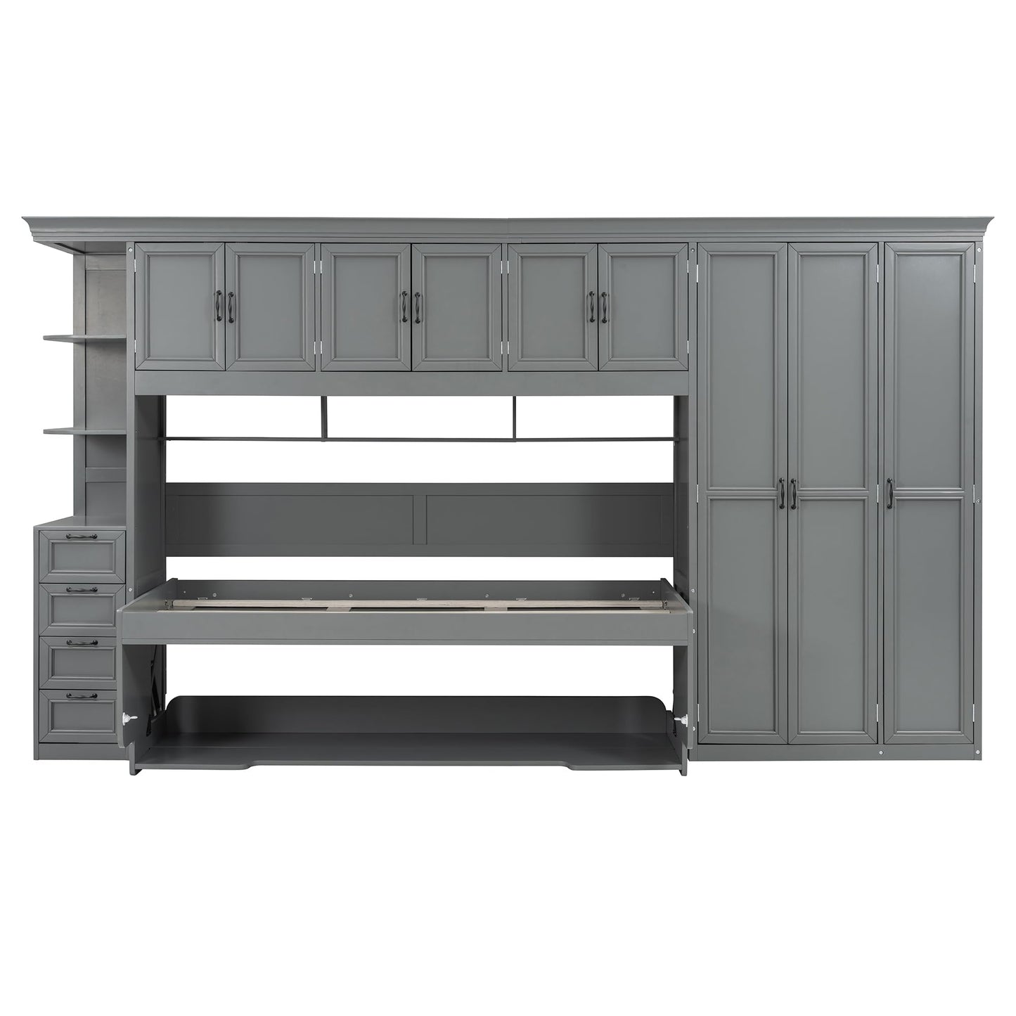 DNYN Murphy Bed with Top Cabinets and Wardrobe, Space-Saving Foldable Wall Bed Frame with Storage Drawers/Shelves/Desk for Bedroom Guest/Study Room, No Box Spring Needed