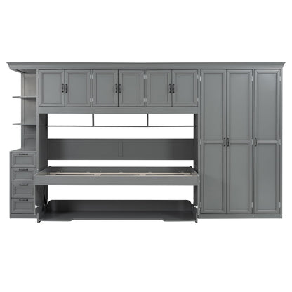 DNYN Murphy Bed with Top Cabinets and Wardrobe, Space-Saving Foldable Wall Bed Frame with Storage Drawers/Shelves/Desk for Bedroom Guest/Study Room, No Box Spring Needed