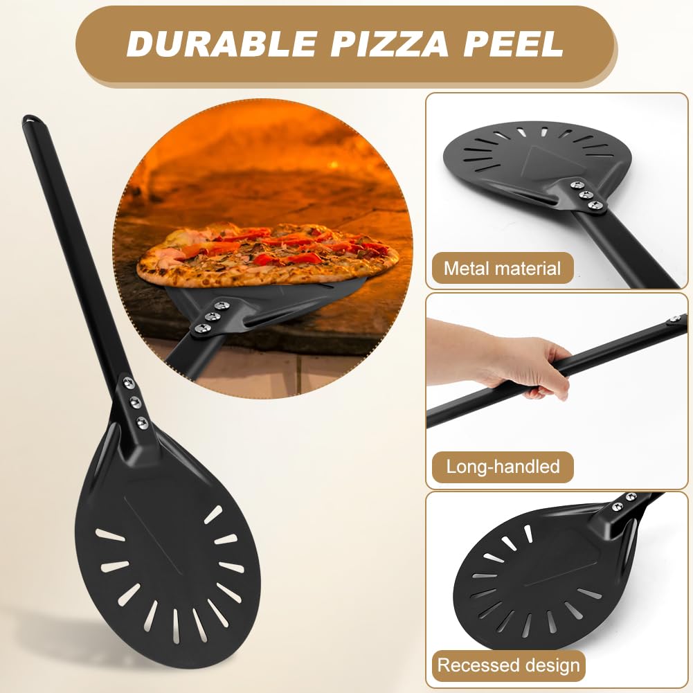 Pizza Oven Accessories Kit w/Pizza Oven Brush & Stone Scraper, 7.8inch Aluminum Perforated Long Handle Nonstick Pizza Turning Peel Cutter Wheel for Outdoor Homemade Baking Pizzas