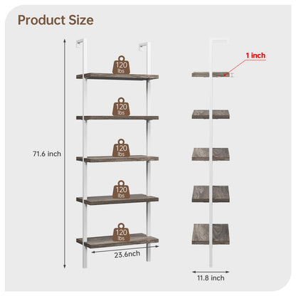 Airynee Ladder Bookshelf, 5 Tier Book Shelf, Wall Mount Bookshelves and Bookcases with Metal Frame, Anti Dump, Tall Bookcase for Living Room, Home Office, Bedroom Gray 3pcs