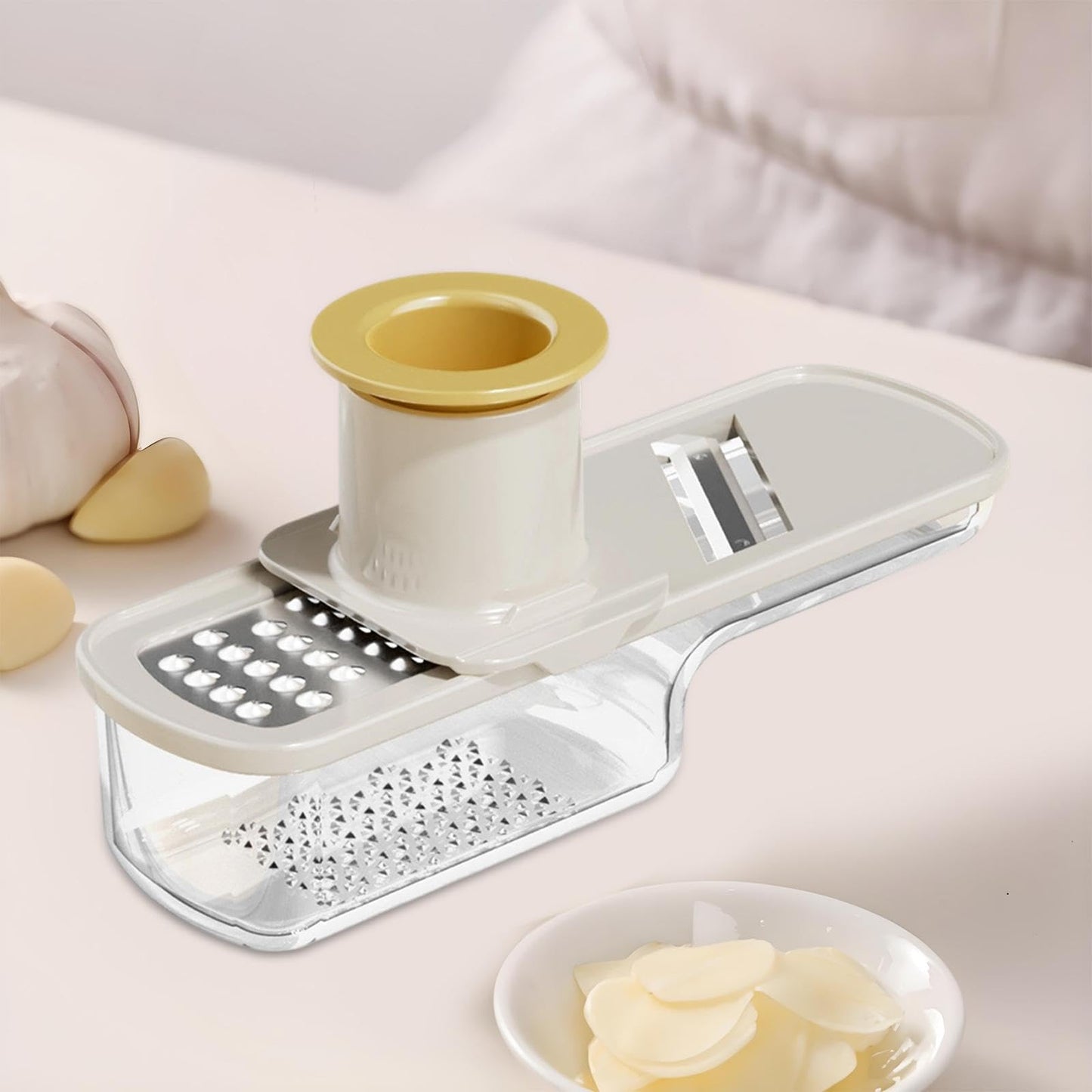 Bothyi Ginger Garlic Grater Ginger Garlic Grinding Cooking With Container Multi Purpose Slicer Easy Grip Manual Kitchen Tool for Baking, Beige White
