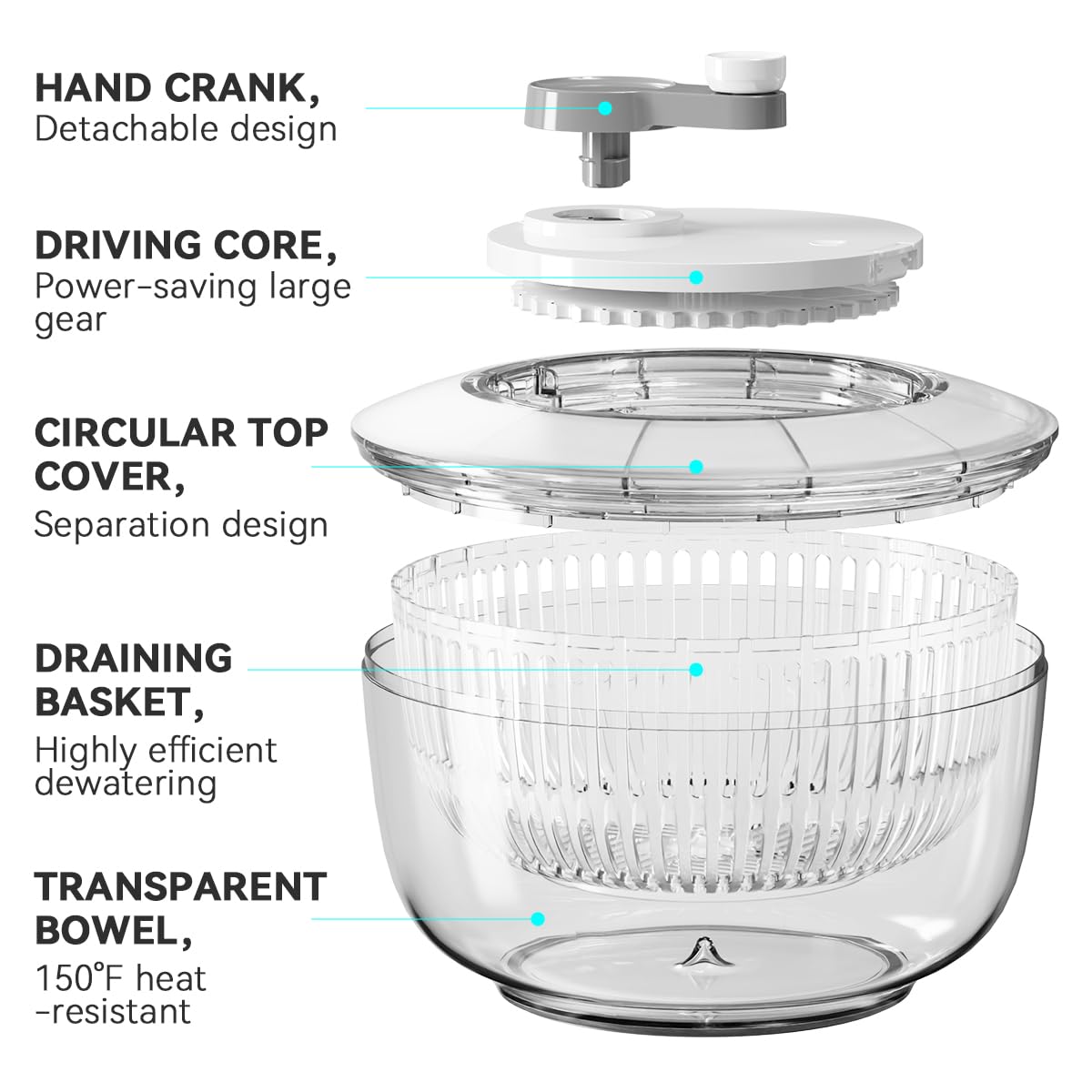 KEOUKE Manual Salad Spinner - Hand-Crank Vegetable & Lettuce Dryer for Washing, Spinning, and Draining Greens, Fruits, and Vegetables - Food-Grade Material, Easy-Clean Detachable Parts 4.2Qt.